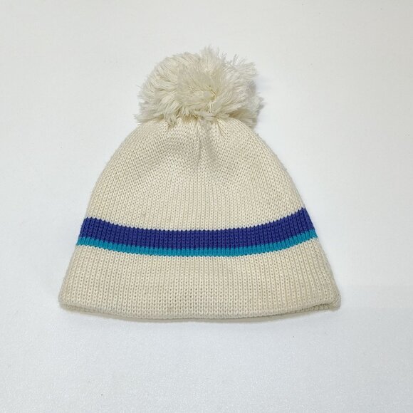 Snuggler Knit Beanie Hat PomPom Cream Stripe Wool Acrylic Blend Unisex 1990s VTG - Picture 2 of 7